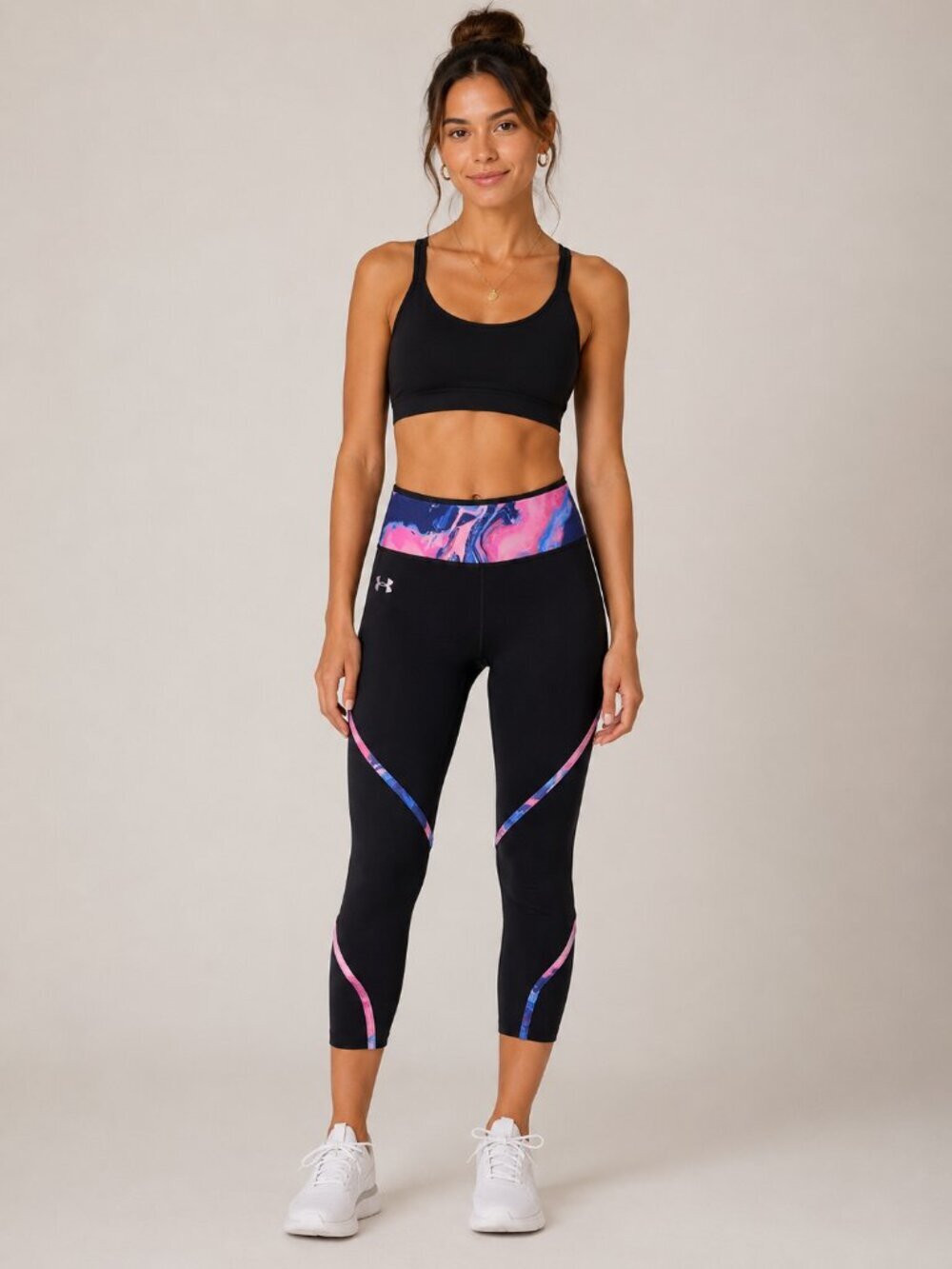 Under Armour Women’s Cropped Leggings Black Pink Marble Athletic Workout Pants L
